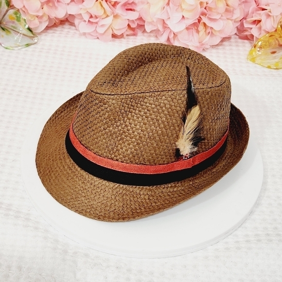 Westend Fedora Woven Paper Braid Mesh Tan Hat Size Small/Med Black Band Feather - Picture 1 of 9